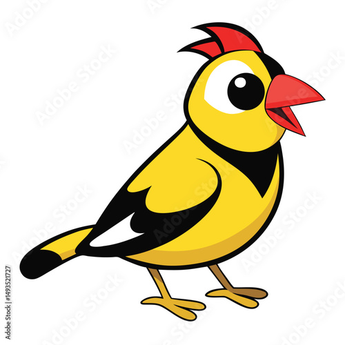 Animated yellow bird with red crest and beak stands cheerfully on white
