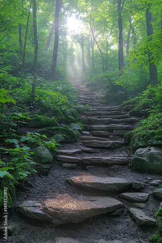 Sunlit path through misty forest