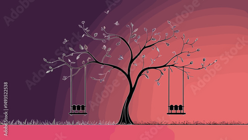Minimalist tree illustration with swings and leaves against a gradient sunset background