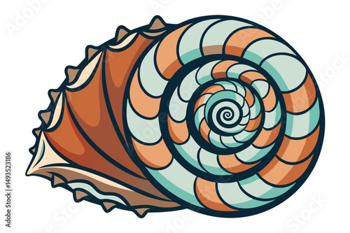 Vector illustration of a nautilus shell showcasing intricate patterns and vibrant orange hues inspired by natural marine life