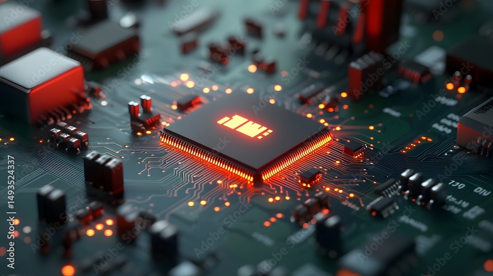 Fototapeta premium Glowing futuristic processor on a digital circuit board
