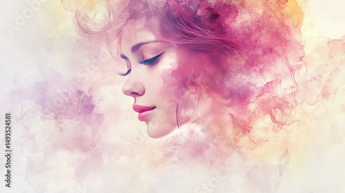 Watercolor portrait of a beautiful woman with pink hair and soft tones