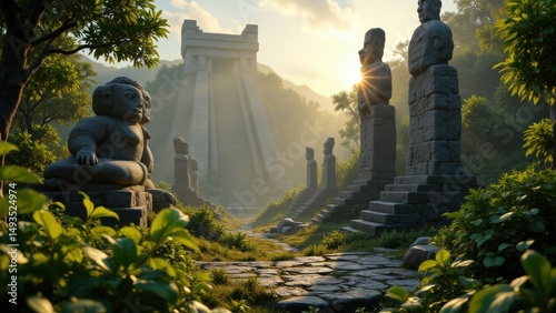 Realistic image of ancient Mayan ruins in the jungle, featuring stone statues, carved stelae, and pyramids bathed in natural sunlight through dense foliage. Suitable for educational, documentary, and 