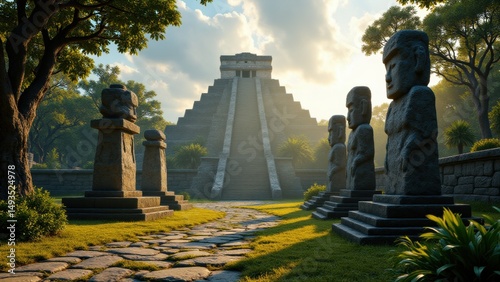 Highly detailed realistic depiction of ancient Mayan artifacts including stone statues, intricately carved stelae, and jungle-covered pyramids with sunlight filtering through tropical foliage. Ideal f