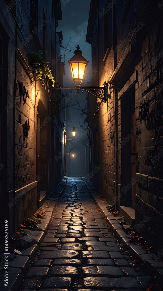 Fototapeta premium Atmospheric nighttime view of a cobblestone alley illuminated by glowing street lamps and a moody sky.