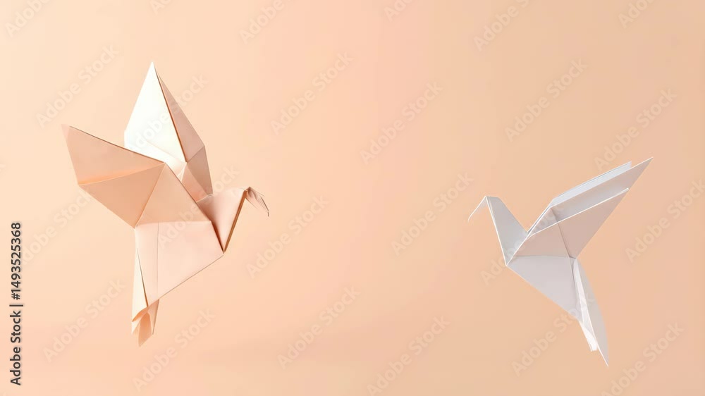 Two origami birds soar gently against a peach background Paper cranes create a peaceful simple airy mood Minimalist elegance in handcrafted art