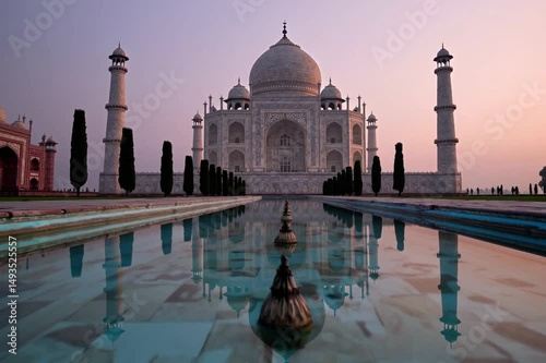 Majestic taj mahal at dusk: reflections and changing colors in evening light