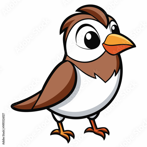Cartoon sparrow with brown wings and plumage stands while looking sideways innocently