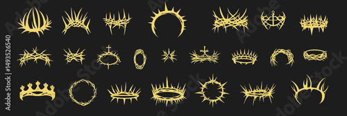Set of 30 golden religious crowns and thorn crowns silhouettes with various shapes and styles for Christian symbolism and decorative design elements on black background