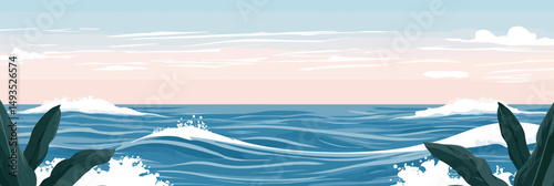 Calm ocean waves vector background with soft pastel sky and flat minimalist style sea surface and gentle splash details framed by tropical leaves