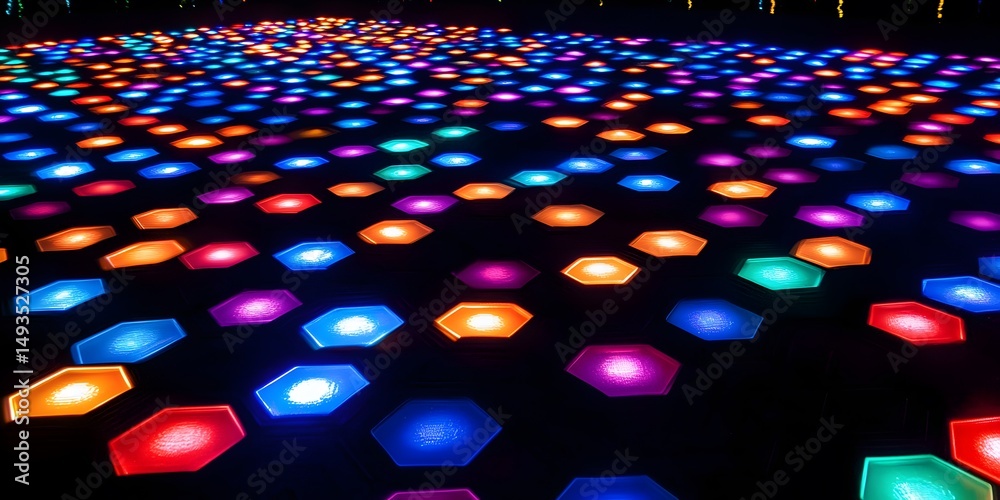 Fototapeta premium Multicolored hexagonal light patterns on a dark surface.