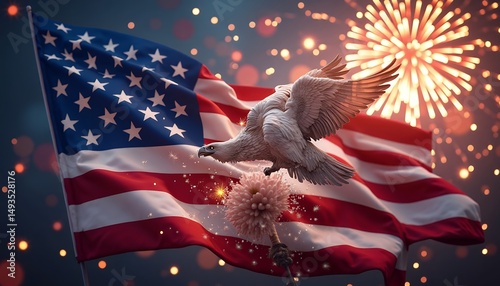 American Flag with Eagle and Fireworks photo