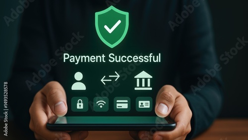A person holding a smartphone displaying a successful payment notification with icons.