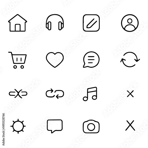Icon Array: A cohesive collection of minimalist icons perfectly suited for digital interfaces, web design, or mobile applications. Clean lines and clear symbols offer an intuitive user experience. 