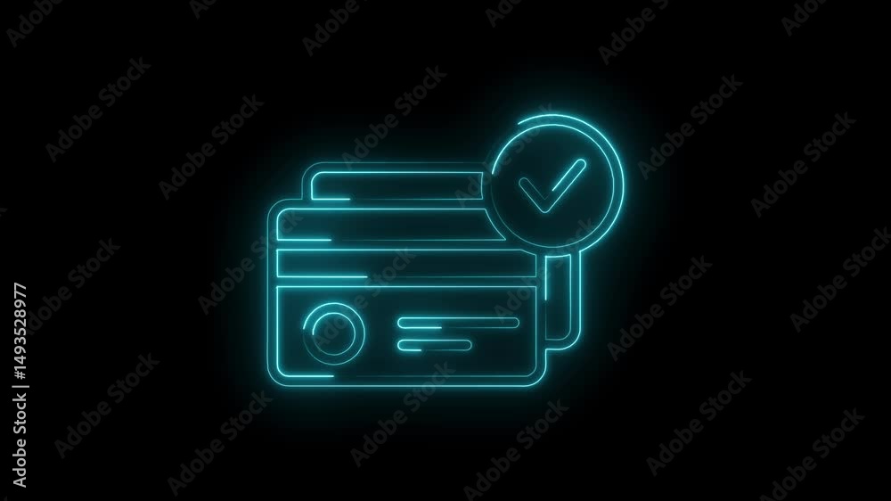 Animated glowing credit card payment approval icon on black background finance technology