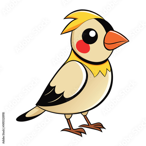 A charming cartoon bird with yellow crest and a red cheek stands nicely