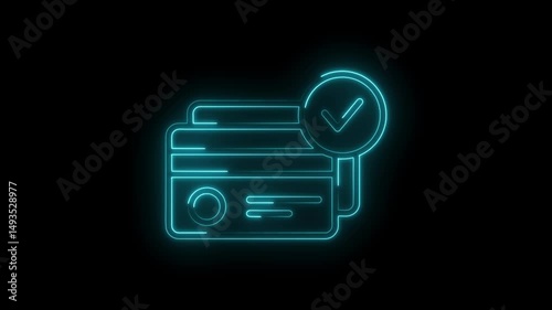 Animated glowing credit card payment approval icon on black background finance technology