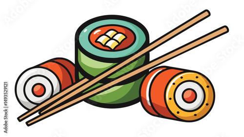 Elegant Sushi Rolls and Chopsticks Illustration on White.