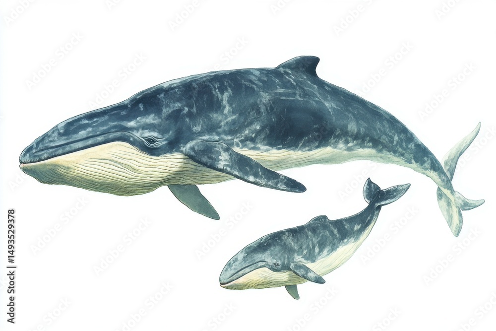 Fototapeta premium a whale in the deep ocean with its two babies.