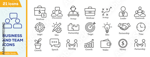 Business and team thin line icons set. Vector business icons set, line symbols for web and mobile finance design company, work group symbol. Editable stroke icons.