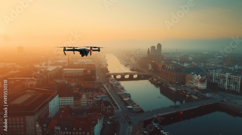 A high-altitude drone capturing panoramic views of a city, used for mapping, surveillance, and environmental monitoring, showcasing the versatility of unmanned aerial vehicles. 8k, realistic, full ult
