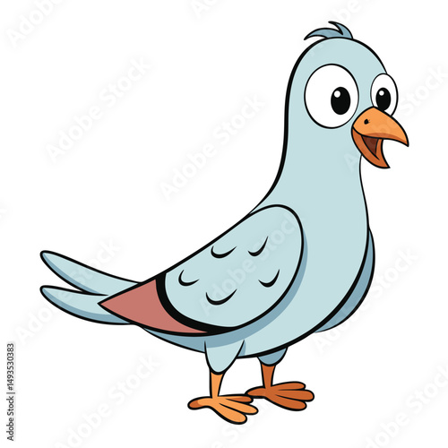 A cartoon pigeon stands cheerfully, its bright orange beak slightly open, on a white background