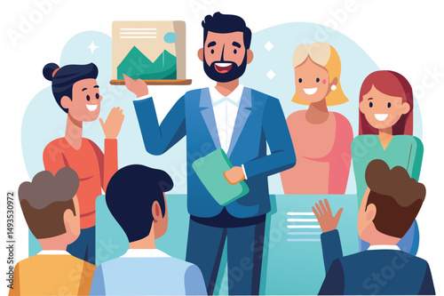 Business presentation held in a modern office featuring a speaker engaging with a diverse audience while using visual data representations for effective communication