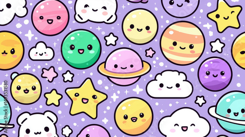 Cute Whimsical Cartoon Space Design: Adorable Pastel Galaxy Art with Cheerful Planets and Stars