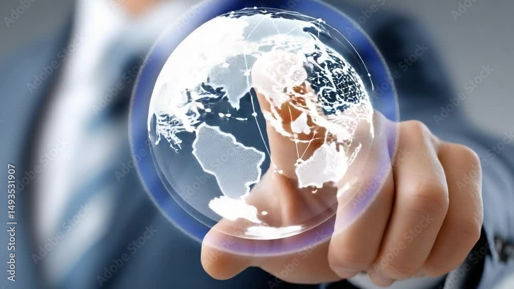 Global Touch: A businessman's hand delicately interacts with a digital globe, symbolizing global connectivity and innovative progress.