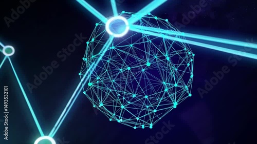 Luminous planet spinning, revealing interconnected digital network nodes representing worldwide technological communication in cosmic backdrop