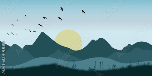 A landscape with silhouettes of mountains in the background, with the sun rising or setting. A flock of flying birds can be seen in the sky, and a field of grass stretches in front of the mountains.