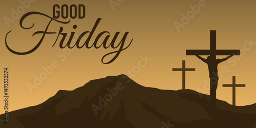 a scene related to Good Friday. The silhouette of three crosses on a mountain, with the central cross depicting the crucified Jesus.