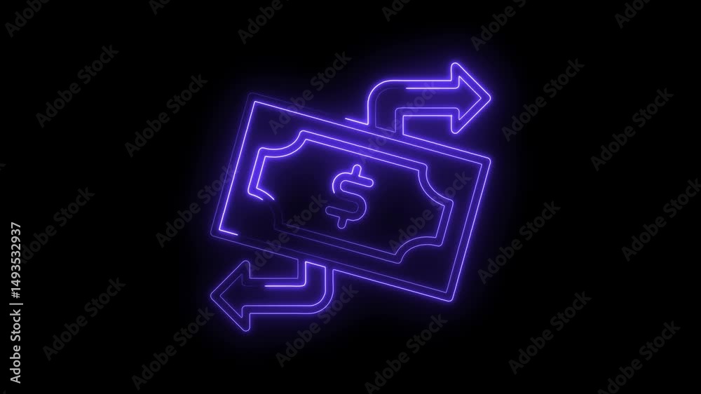 Neon style money transfer dollar bill with arrows showing flow of cash animation