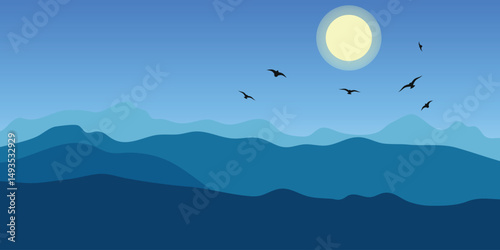 A minimalist tranquil landscape with a full moon in the sky, several flying birds and silhouettes of mountains on the horizon.