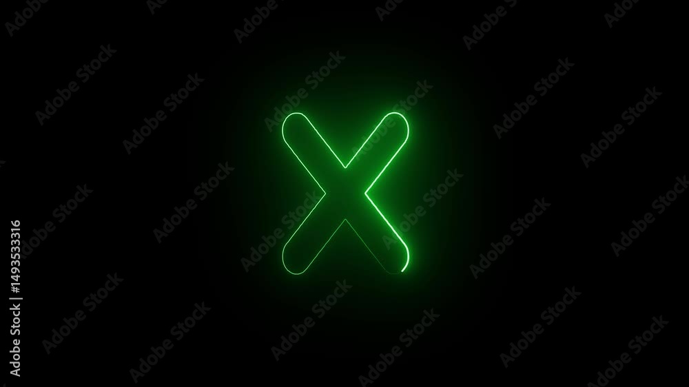 green color glow neon x mark icon animation