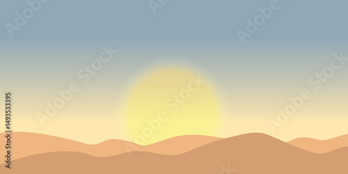 stylized landscape with sunset or sunrise over desert hills.