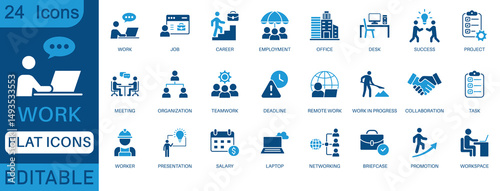 Work icon set. Containing job, career, employment, meeting, organization, teamwork and networking icons. perfect flat icon collection.