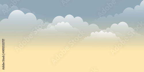 a landscape with gray and white clouds against the sky, which turns from blue at the top to light yellow at the horizon.