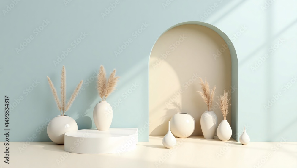 Fototapeta premium Minimalist 3D Render of Product Display Podium with Pampas Grass and Ceramic Vases in Soft Pastel Interior