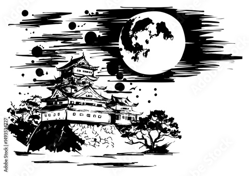 Japanese Castle and Full Moon - Sumi-e Ink Painting
