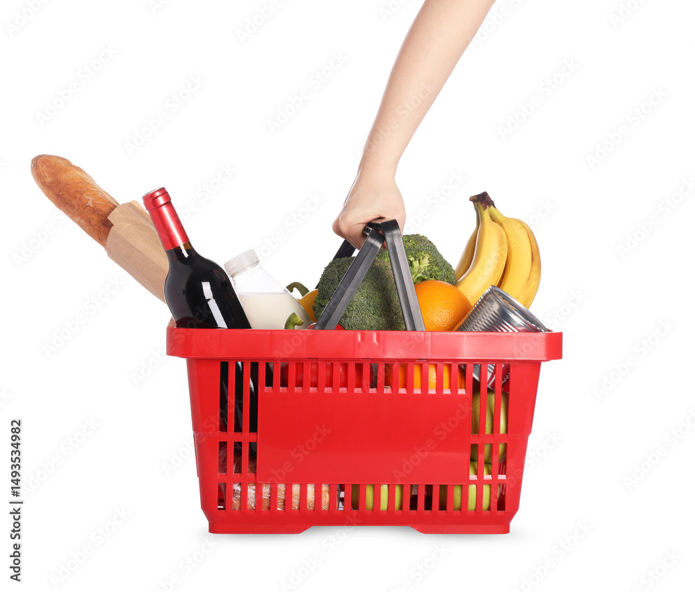 Fototapeta premium Woman with shopping basket full of products on white background, closeup
