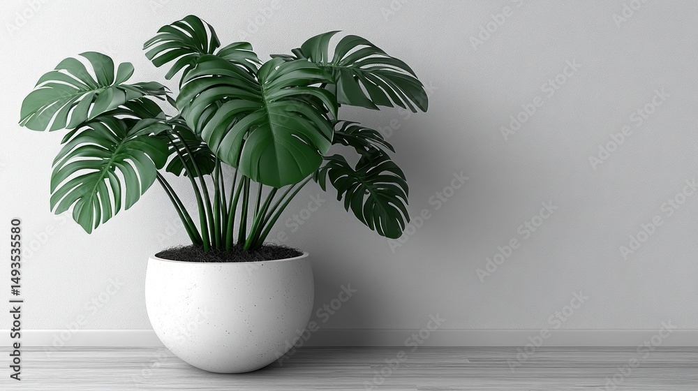 Monstera deliciosa in a white pot against a minimalist background Monstera deliciosa in a white pot against a minimalist background