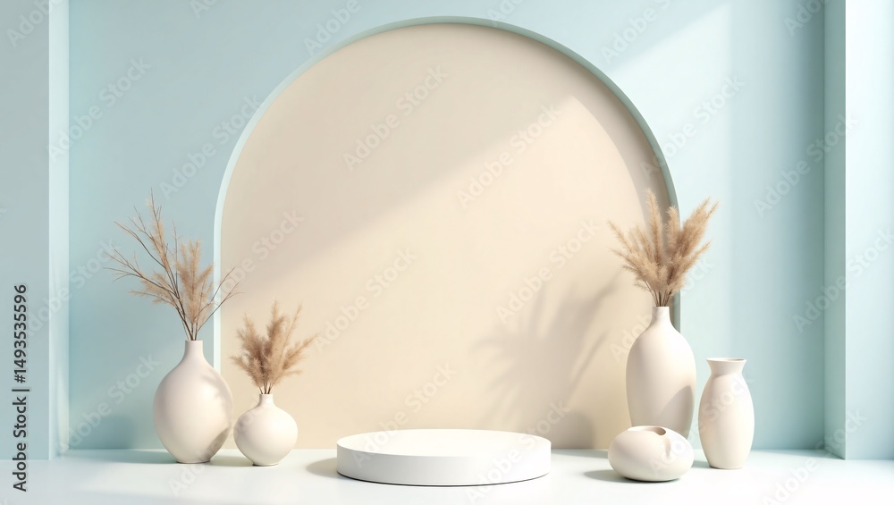 Fototapeta premium Minimalist 3D Render of Product Display Podium with Pampas Grass and Ceramic Vases in Soft Pastel Interior