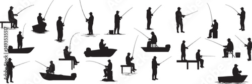 Fishing silhouettes collection of anglers in boats and on land for design and illustration needs