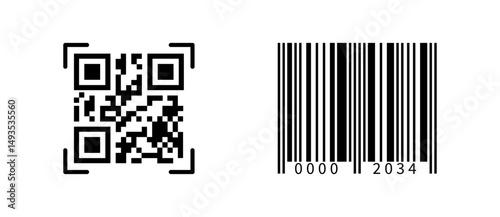 QR code and barcode, Digital scan codes, Product ID symbols, Black and white scannable tags, Inventory and payment codes, Retail tag icons, Barcode identification set