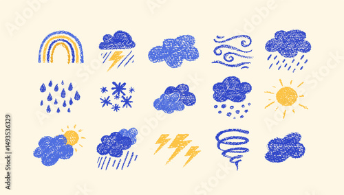 Crayon icons of weather, clouds and sun in sky. Doodle clouds with rain, lightning, snow, storm with chalk texture. Cute summer and winter weather icons drawn with crayon pencils, vector illustration