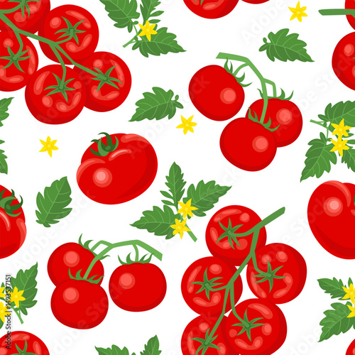 Fresh Tomatoes branch, leaves and flowers seamless pattern. Vegetable garden background. Vector cartoon flat illustration
