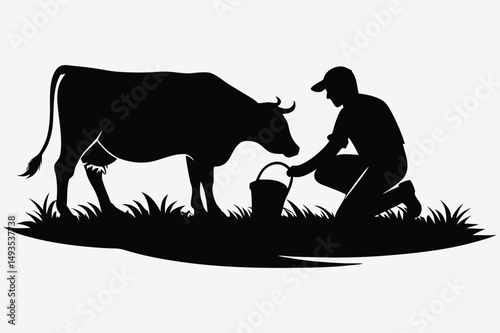 Farmer milking a cow barn and morning mist in the background image silhouette design vector art and illustration