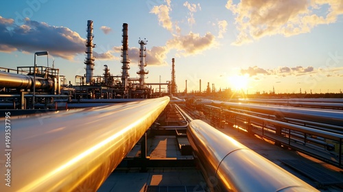 refinery unit lit by golden hour sun, clean surfaces, overhead view showing organization, pipework symmetry, industrial precision highlighted