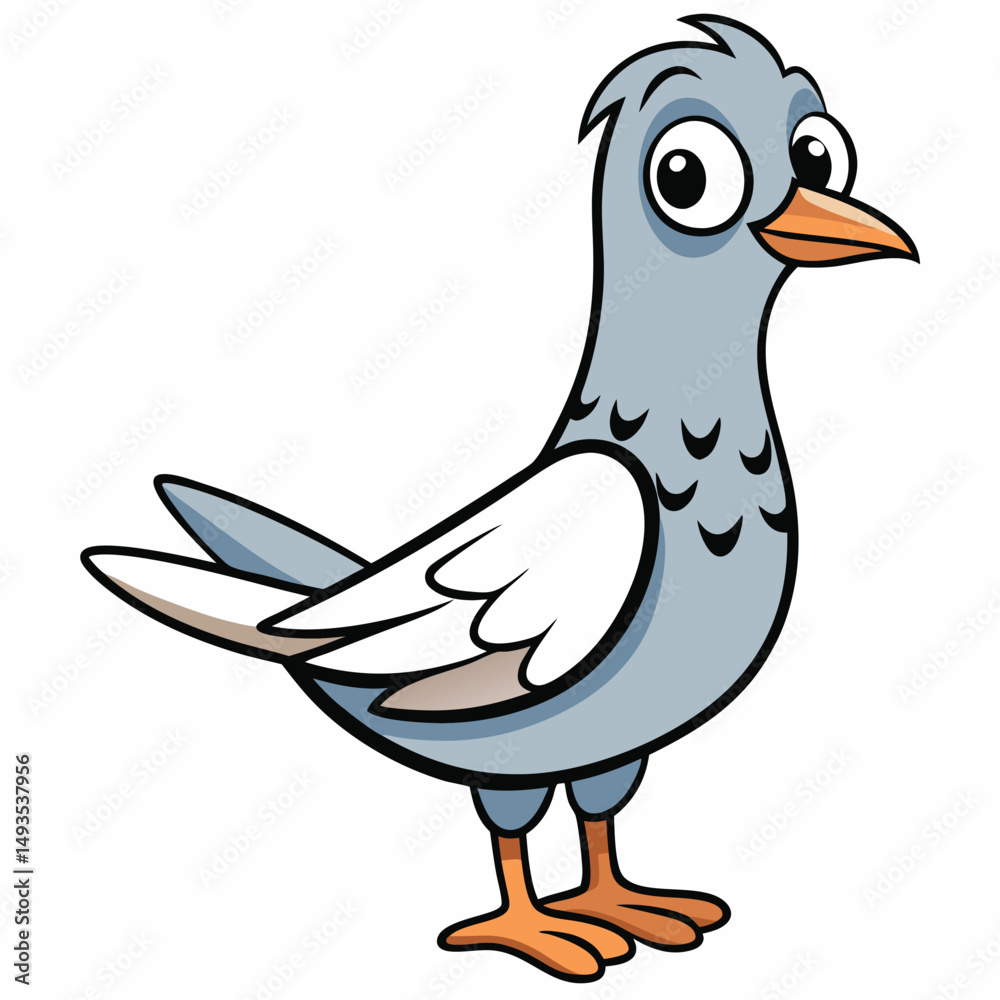 Fototapeta premium Cartoon pigeon with large eyes stands confidently against the white background